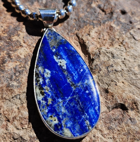 Sterling Silver SIGNED Lapis Pendant, And High Shine Sterling Necklace Set - Picture 13 of 17